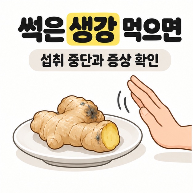 썩은 생강 먹으면 제목과 섭취 중단과 증상 확인 문구 아래 곰팡이 의심 반점이 있는 생강 접시 앞에서 손으로 섭취를 제지하는 모습