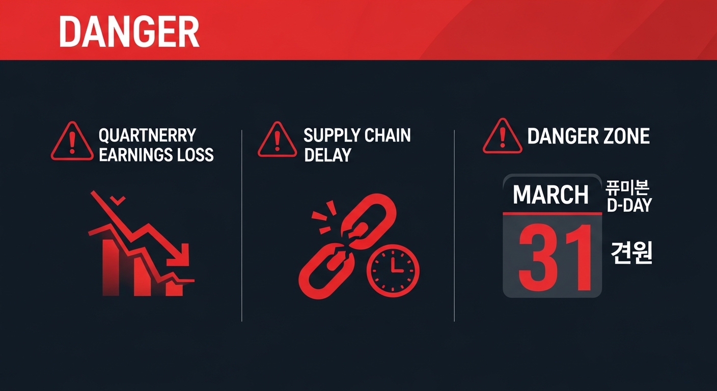Risk warning financial infographic with three danger zones, quarterly earnings loss warning symbol, supply chain delay icon, short selling resumption countdown calendar March 31, red warning colors on dark navy background, Korean stock risk analysis style, 169