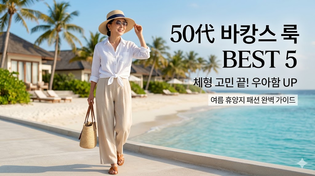 해변 리조트 배경으로 화이트 린넨 셔츠와 와이드 팬츠를 세련되게 코디한 50대 여성의 여름 휴양지 패션 및 50대 바캉스 룩 BEST 5 타이틀 텍스트가 포함된 썸네일