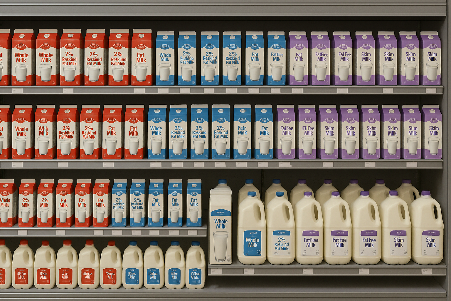 마트 냉장고에 진열된 다양한 우유들