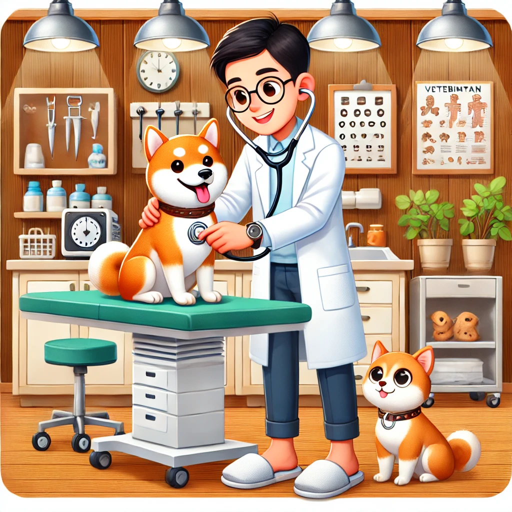 A veterinarian using a stethoscope to check a Shiba Inu's heartbeat while a curious cat sits nearby in a cozy pet clinic