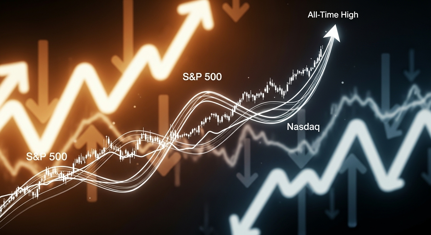 S&amp;P500과 나스닥 지수가 역대 최고점을 돌파하며 상승하는 모습의 추상적인 그래픽