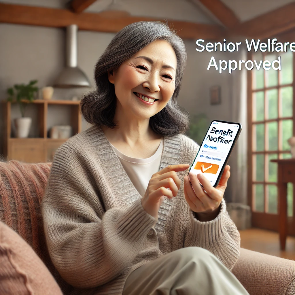 스마트폰으로 &amp;#39;Senior Welfare Approved&amp;#39; 알림을 확인하는 장면