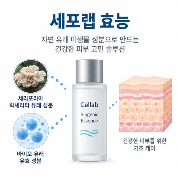 세포랩 효능과 바이오제닉 에센스 90%, CLEPS 핵심 원료를 보여주는 화장품 안내 이미지