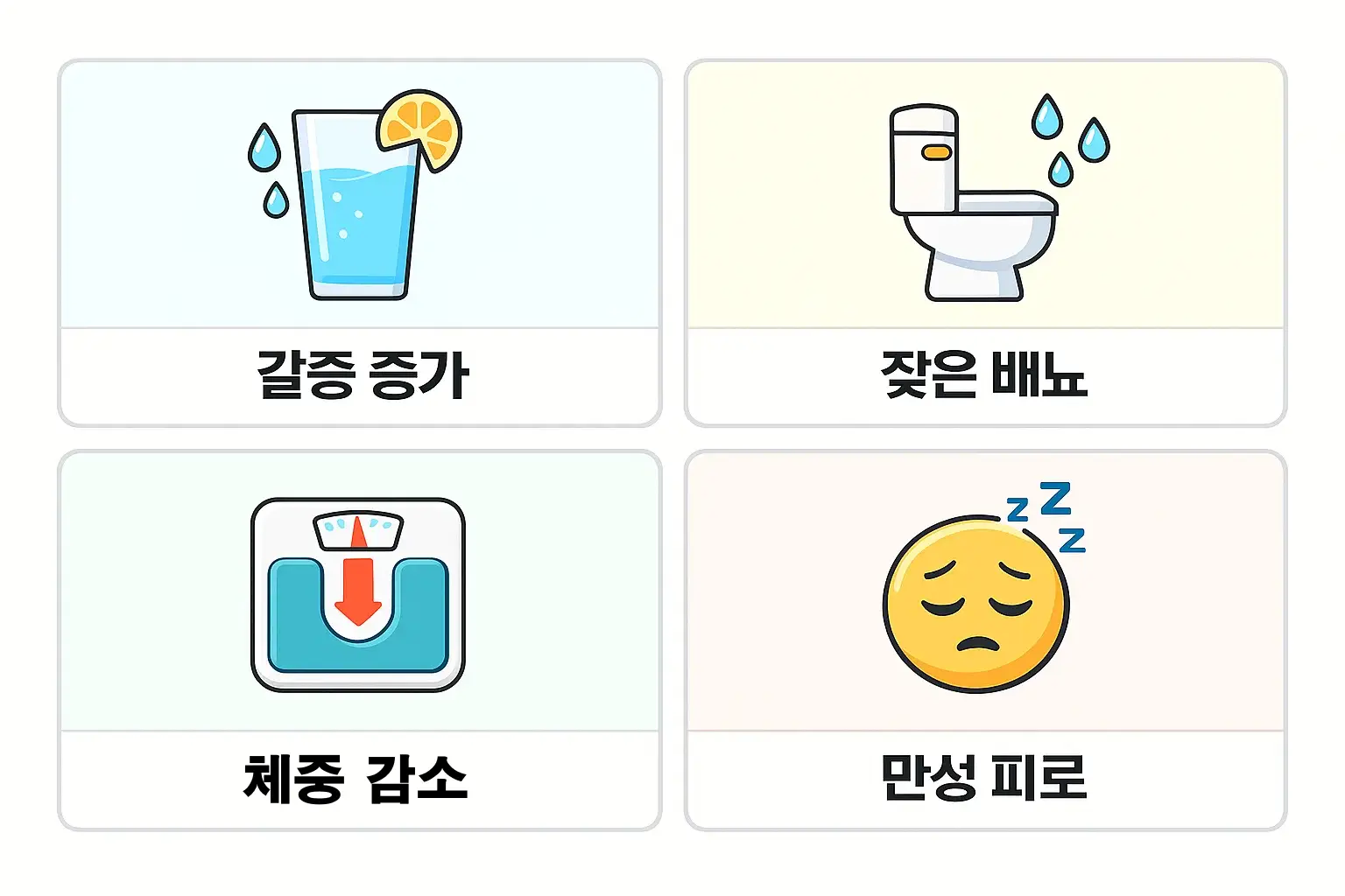 갈증 증가 잦은 배뇨 체중 감소 만성 피로 등 대표적인 당뇨병 증상이 나타나는 원인과 신호를 설명한 이미지입니다