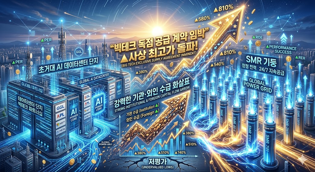 웅장하고 미래지향적인 초거대 AI 데이터센터 단지 바로 옆에, 파란색과 황금색 에너지를 뿜어내는 차세대 SMR(소형모듈원전) 기둥들이 촘촘히 배치되어 있고, 그 위로 "빅테크 독점 공급 계약 임박"이라는 문구와 함께 사상 최고가를 시원하게 돌파하는 강력한 기관&middot;외인 수급 화살표가 역동적으로 솟구치는 3D 미래 그래픽 이미지.