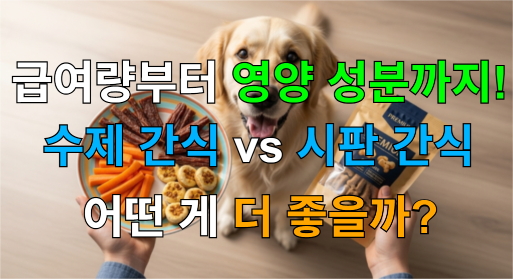 행복한 표정의 골든 리트리버 앞에 놓인 다채로운 수제 간식과 깔끔한 포장의 시판 간식을 보여주는 사진