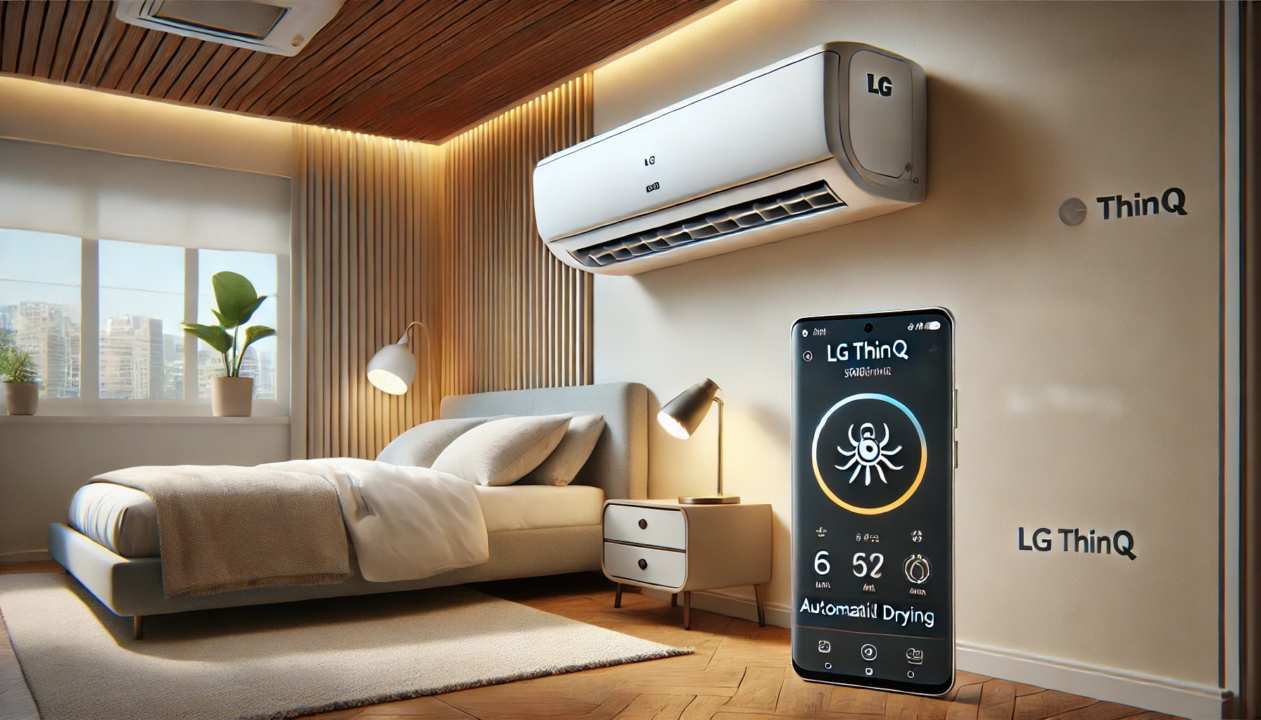 LG AI 벽걸이 에어컨이 작동 중인 스마트 침실 인테리어