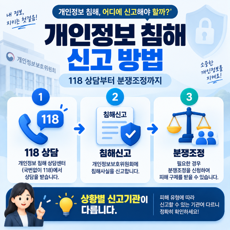 개인정보 침해 신고 시 118 상담 개인정보침해신고센터 개인정보분쟁조정위원회를 구분하는 안내 이미지