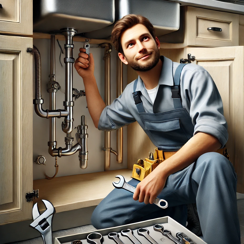 인테리어 시공 & 배관공
전문 기술자가 싱크대 아래 배관을 설치하는 모습,공구를 활용해 배관을 조립하며,작업실에는 다양한 공구와 자재가 준비되어 있음.