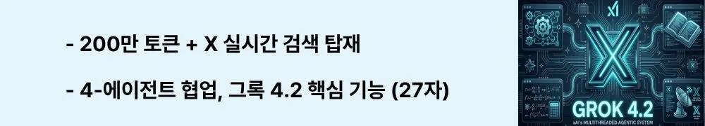 그록 4.2: 200만 토큰 + X 실시간 검색 탑재"라는 문구가 포함된 웹배너 이미지. 이 이미지는 그록 4.2의 2M 토큰 컨텍스트 윈도우와 X 플랫폼 실시간 검색 통합 및 4-에이전트 협업 시스템을 시각적으로 전달하며, 블로그의 그록 4.2 핵심 기능과 관련된 내용을 설명함 (Grok 4.2 features, 2M context window, X real-time search, multi-agent)