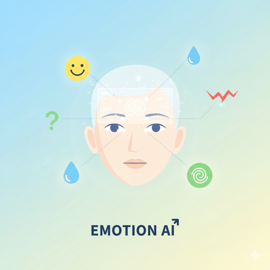 감정 인공지능을 표현한 일러스트, 사람 얼굴 주위로 웃는 얼굴, 물방울, 질문표, 파형, 지문 아이콘이 연결된 이미지