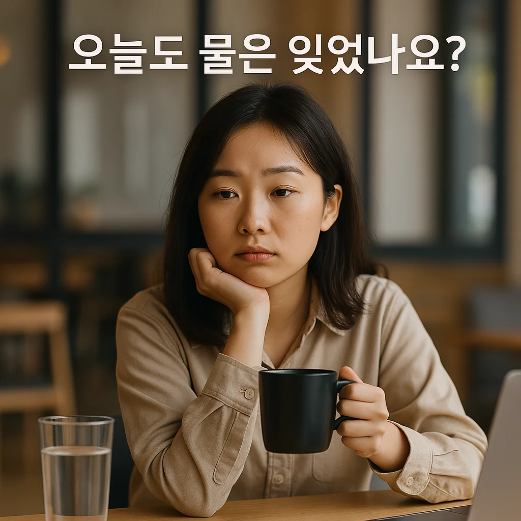 책상에 앉아 커피를 든 채 멍하니 있는 동양인 여성. 손이 닿지 않는 곳에 물컵이 놓여 있고, '오늘도 물은 잊었나요?'라는 문구가 삽입된 장면. 물 섭취를 잊은 일상의 모습을 표현한 이미지.