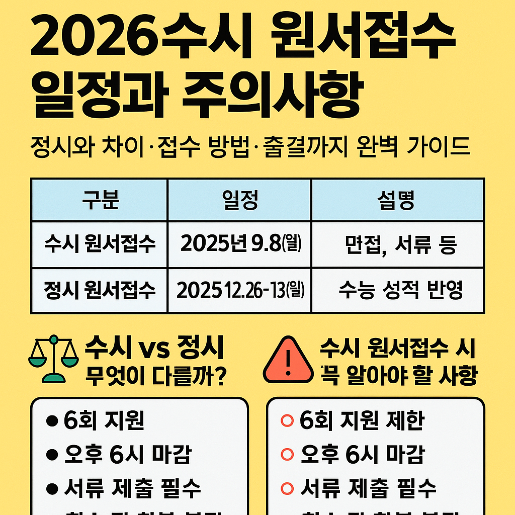 2026 수시 원서접수 일정과 주의사항 총정리｜합격 발표일&middot;정시 차이&middot;접수 방법&middot;출결&middot;준비물 완벽 가이드