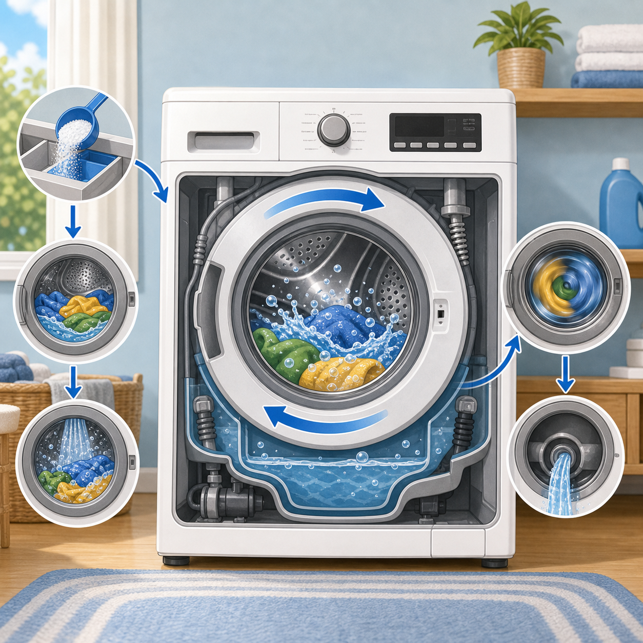 Educational illustration of a washing machine cleaning clothes with water and bubbles