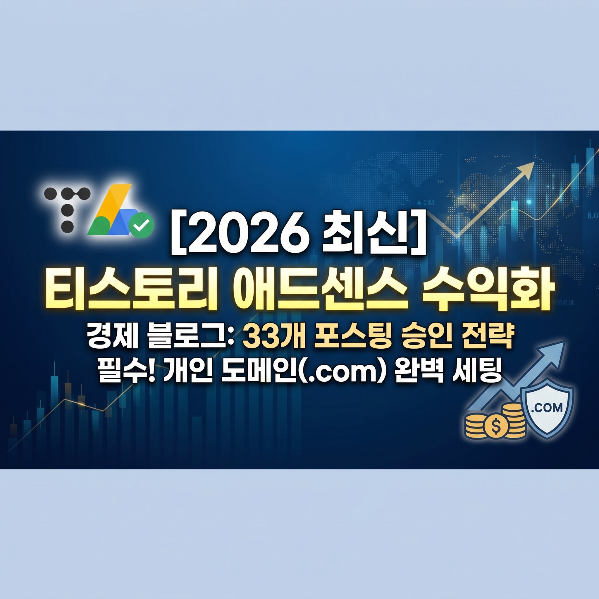 2026년 티스토리 경제 블로그 구글 애드센스 승인 방법 글 33개 꿀팁 개인 도메인 .com 세팅 연결 가이드 썸네일