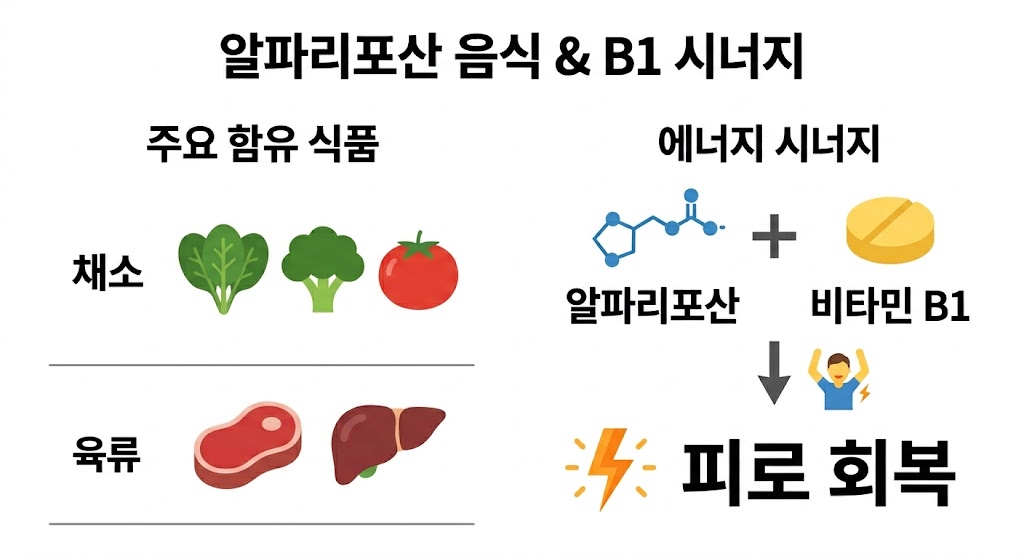 알파리포산 음식과 비타민 B1의 시너지를 설명하는 인포그래픽입니다. 왼쪽에는 주요 급원으로 시금치, 브로콜리, 토마토 등의 채소와 소고기, 간 같은 육류 아이콘이 있습니다. 오른쪽은 알파리포산 분자와 B1 영양제의 결합이 번개와 사람 아이콘을 거쳐 최종적으로 피로 회복으로 이어짐을 보여줍니다.