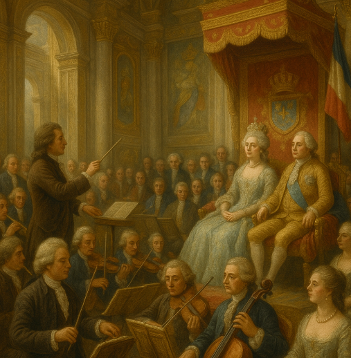 유럽 궁정에서 오케스트라 연주하는 이미지
