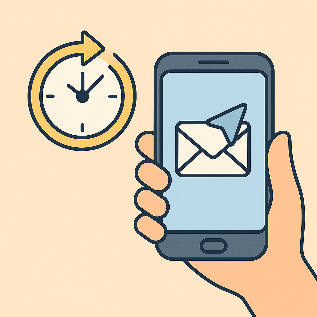 스마트폰을 쥔 손과 시계 아이콘이 함께 그려진 평면 벡터 일러스트. 시계 주변의 화살표는 24~48시간 내 회신을 상징하며, 스마트폰 화면에는 메시지 알림 아이콘이 보입니다.