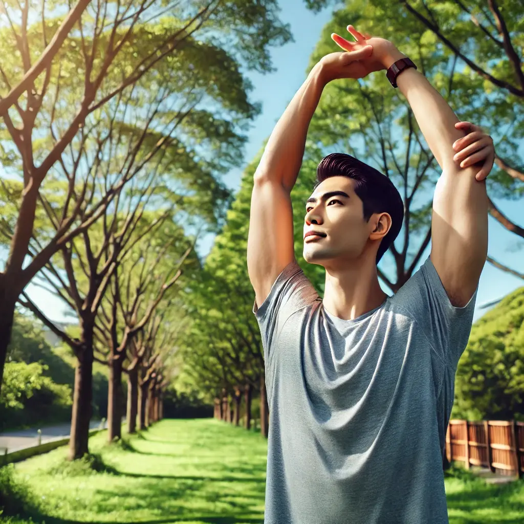 만성 피로 극복을 위해 야외에서 활기차게 스트레칭하는 동양인 남성