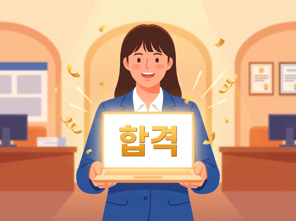 A digital illustration of a triumphant young female civil servant holding a glowing laptop displaying a '합격' (PASS) notice, surrounded by confetti