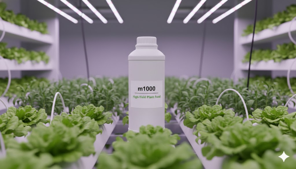 삼양플라스틱 m1000 불투명 백색 용기가 'm1000 High-Yield Plant Food' 라벨을 부착하고, 첨단 스마트팜의 푸른 식물들 사이에서 돋보입니다. 정교한 농업/원예용 영양제 용기로서 m1000의 활용성을 보여줍니다.