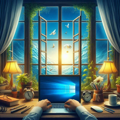 창밖으로 햇살이 비치는 책상 앞에서 노트북을 사용하는 장면