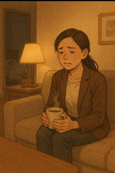 아이 재운 뒤 조용한 밤, 감정 정리 중인 워킹맘의 모습