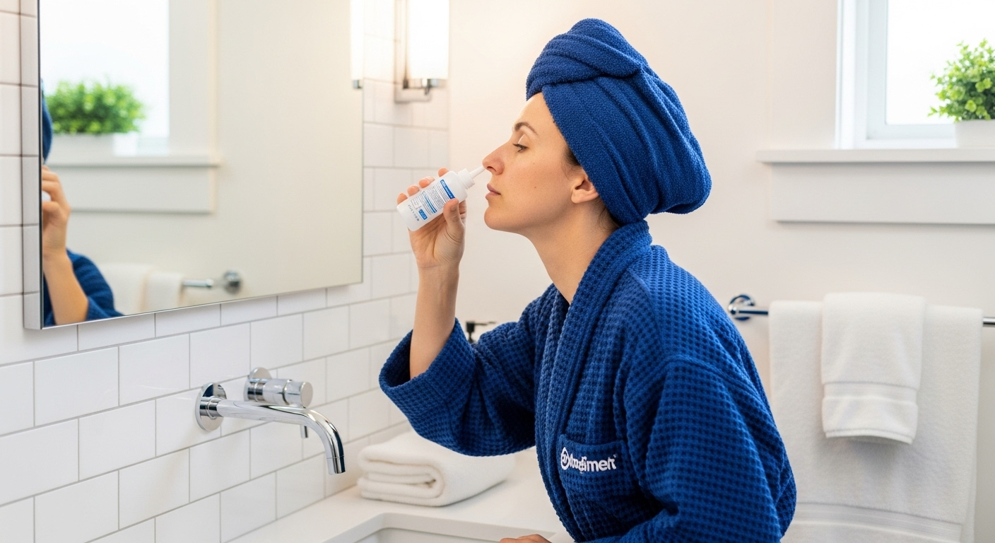 올바른 코 세척 방법으로 환절기 비염을 관리하는 모습