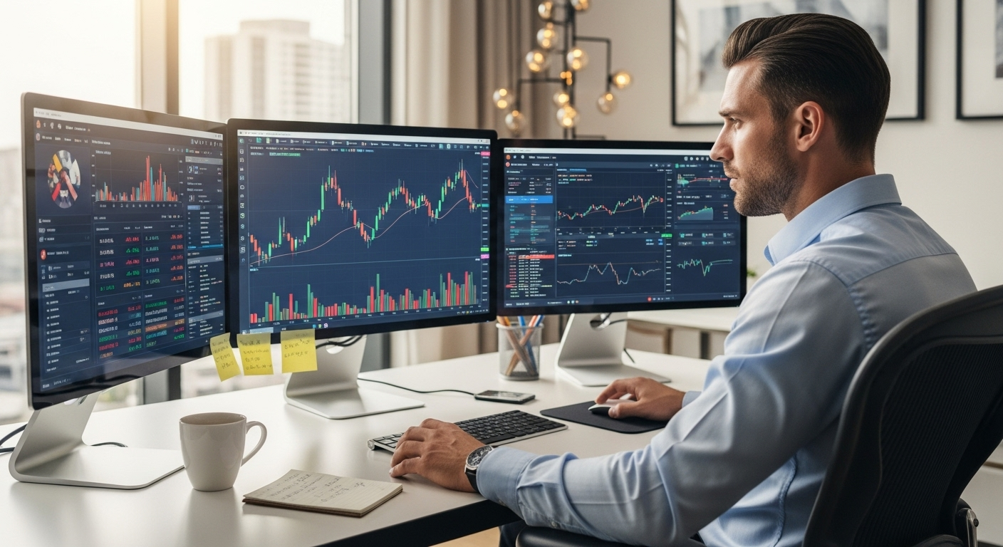 다양한 주식 데이터를 분석하며 투자 판단을 내리는 투자자의 모습