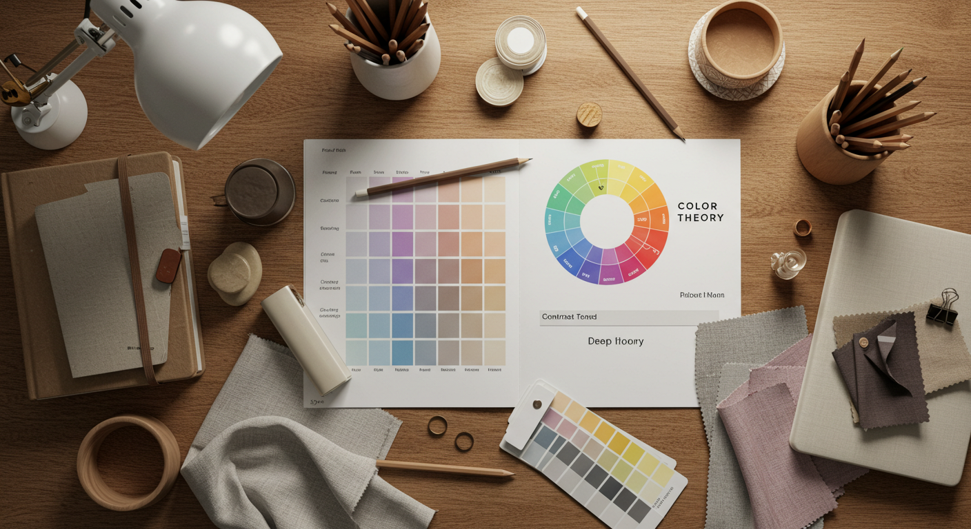 컬러 휠과 명도·채도 스와치로 구성된 감성적인 색채 이론 참고 이미지