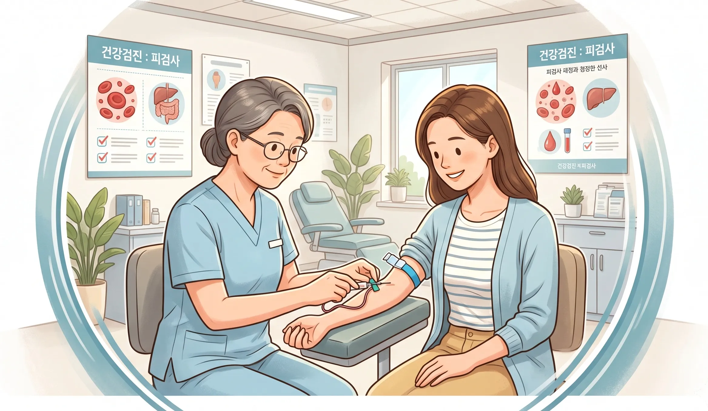 건강검진 피검사(채혈) 상황을 담은 일러스트로, 의료진과 젊은 여성 환자가 편안하게 미소를 지으며 채혈하는 모습