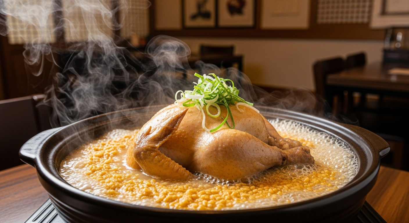 따뜻한 뚝배기에 담겨 김이 모락모락 나는 먹음직스러운 누룽지 백숙 한상