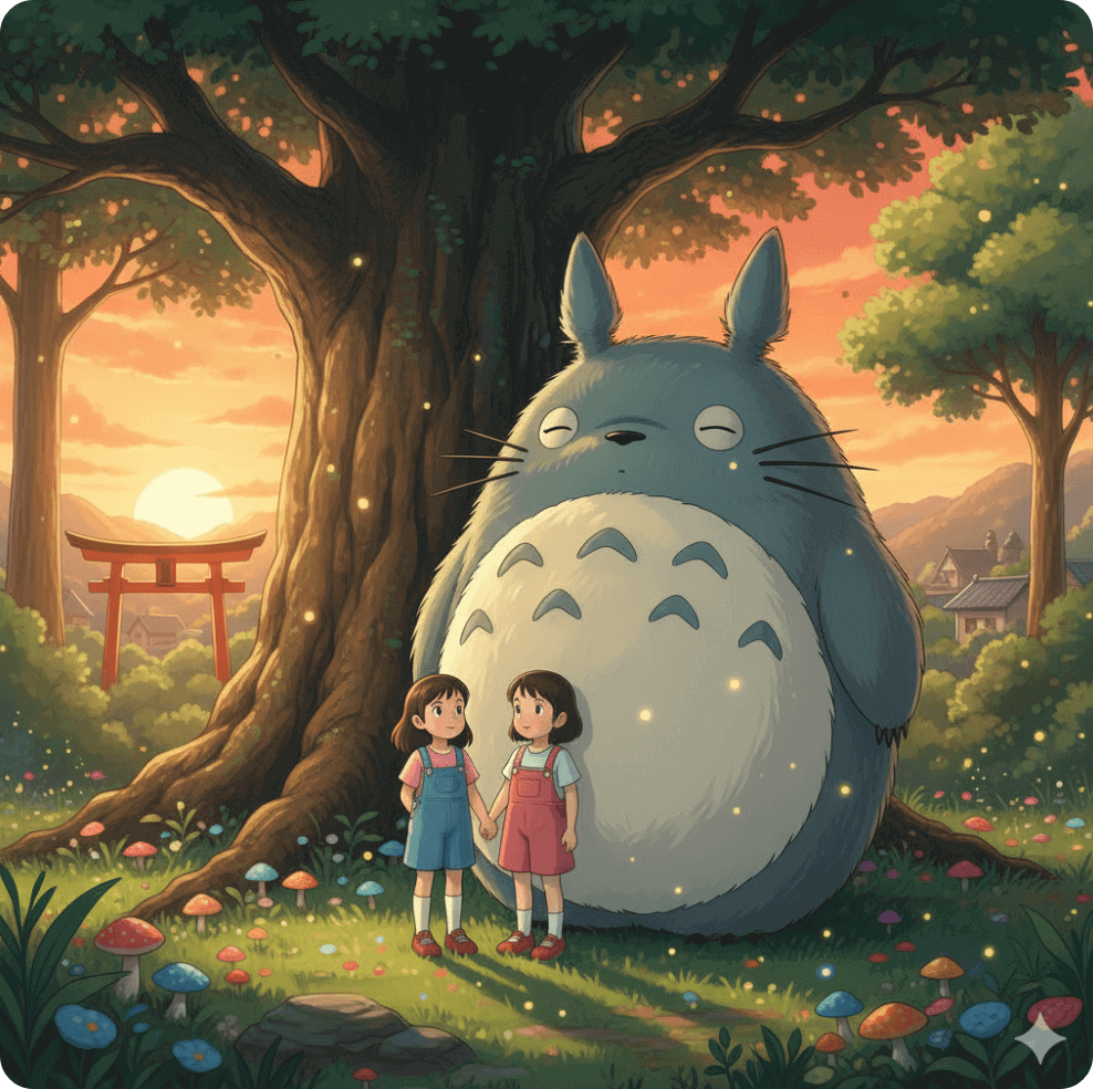 alt="숲속 정령과 어린 소녀들이 함께 있는 따뜻한 장면, 감정적 안정감을 상징하는 일러스트"