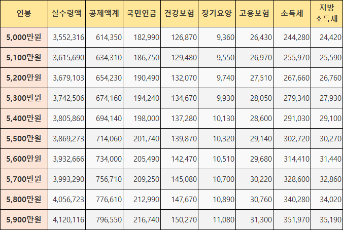 연봉 5000만원 대 실수령액