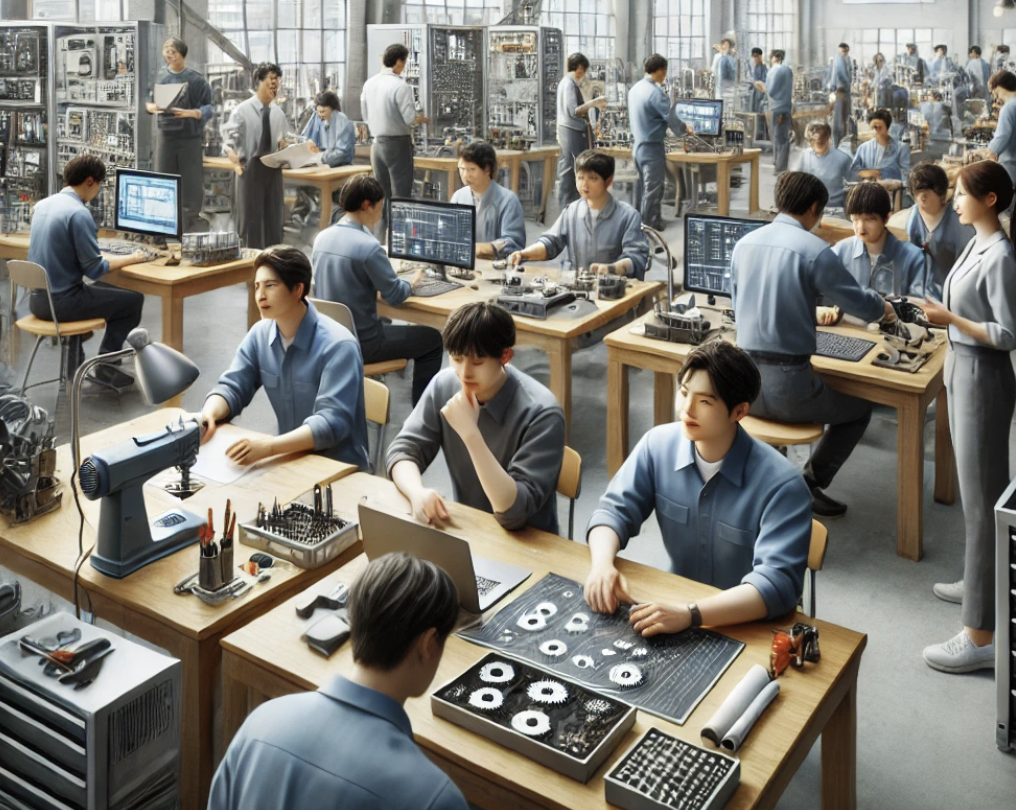 다양한 활동에 참여하는 직업 훈련 워크숍.