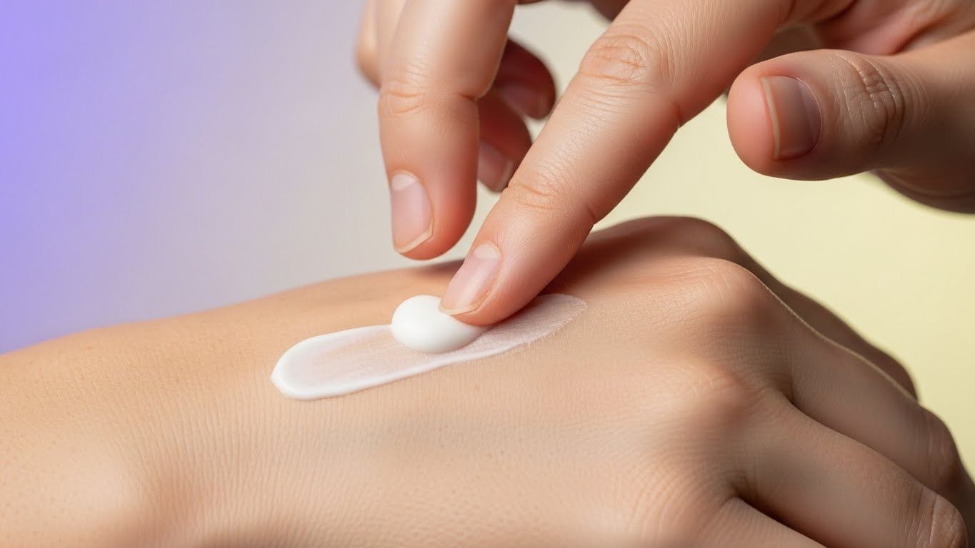 소량의 풍부한 화이트 크림(큐렐 인텐시브 크림을 대표함)을 다른 손등에 부드럽게 발라 크리미한 질감이 부드럽게 퍼지는 클로즈업 샷.