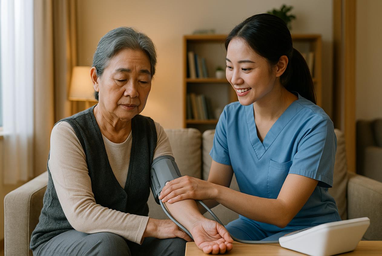 방문간호사가 집에 방문하여 혈압을 측정해주는 모습