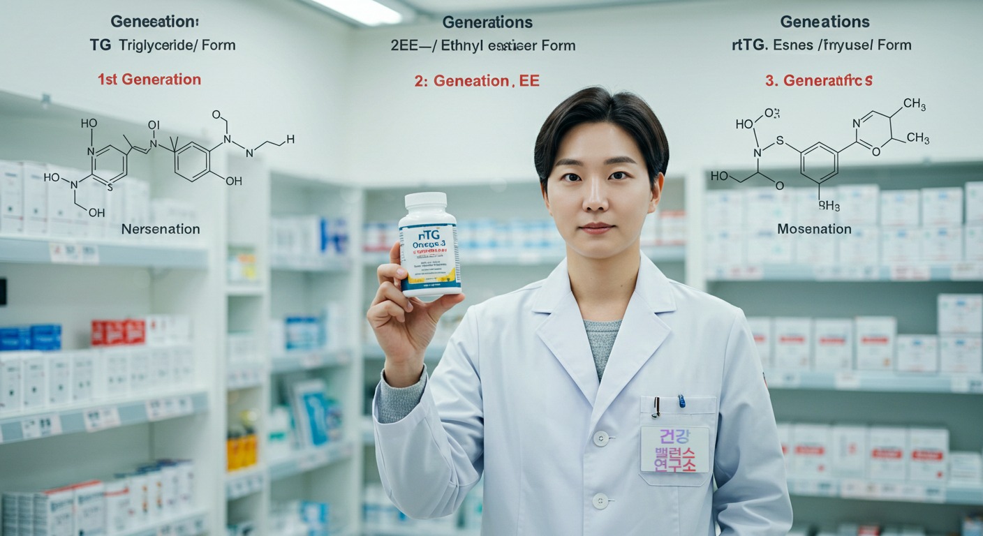 &quot;약사가 흰 가운을 입고 rTG 오메가3 제품을 들고 있으며, 그 뒤로 오메가3의 1세대(TG), 2세대(EE), 3세대(rTG) 분자 구조를 비교하는 인포그래픽이 보이는 전문적인 이미지.&quot;