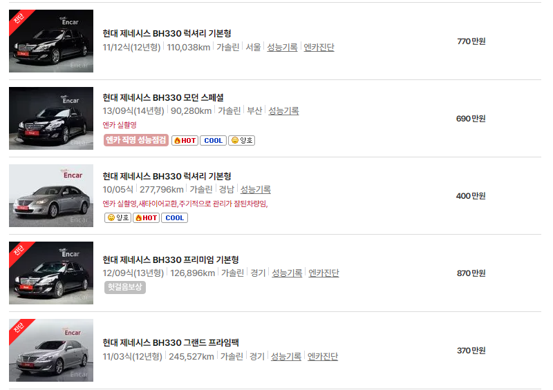 제네시스 G330 중고차 가격 시세표 24년10월