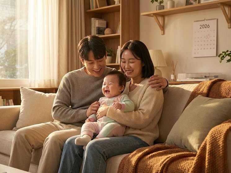 따뜻한 분위기 속에서 2026년 부모급여 소식을 확인하는 가족