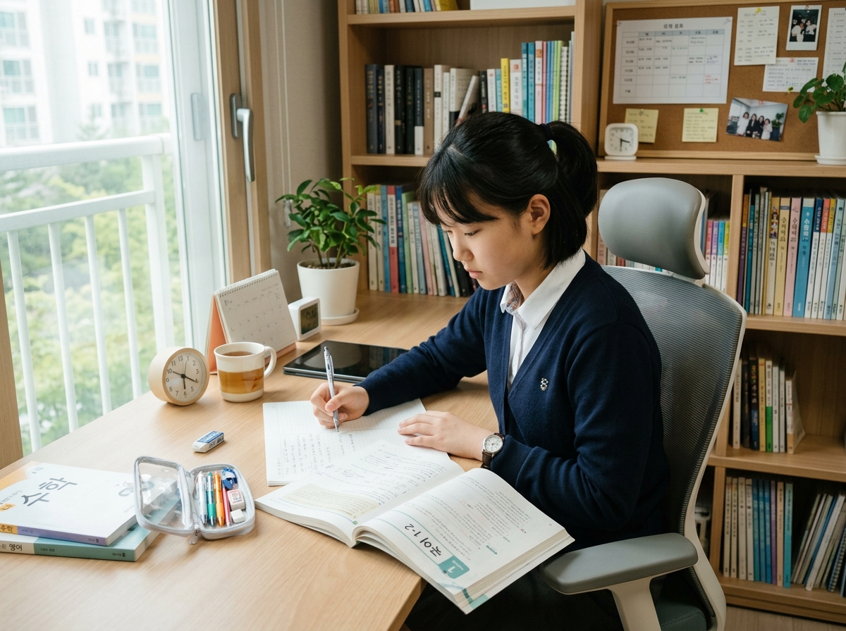 책상에 앉아 집중하는 한국 중학생