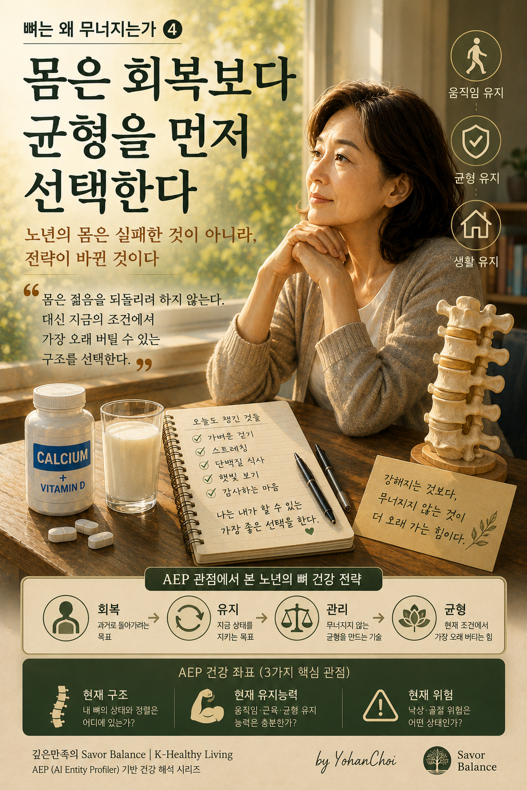 Bone Health Series Part 4 cover image showing a middle-aged woman reflecting beside calcium supplements, milk, and a spine model. The illustration explains the shift from recovery-focused thinking to balance-centered bone health in aging. It emphasizes that older adults should prioritize maintaining movement, stability, and daily function rather than pursuing youthful recovery. AEP (AI Entity Profiler) framework highlights three health coordinates: current bone structure, maintenance capacity, and fracture risk.