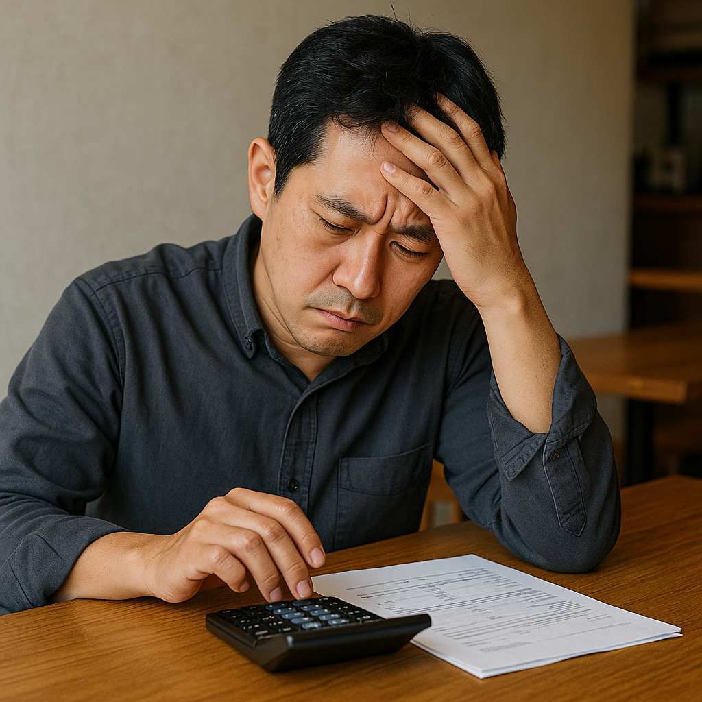 서류와 계산기를 놓고 고민하는 자영업자 이미지