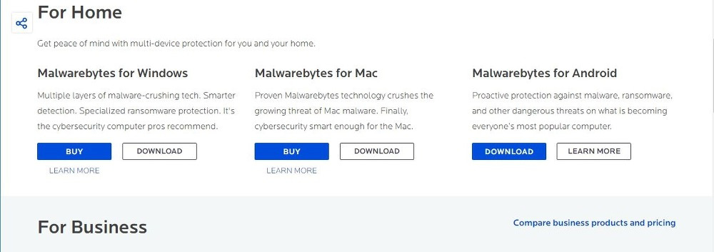 Malwarebytes 사이트에서 Mac/Android 등 OS별 선택 메뉴가 보이는 화면