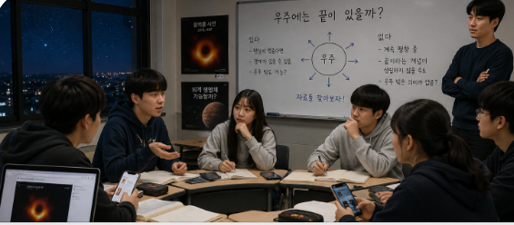 밤 교실 안에서 청소년들이 블랙홀과 우주 끝에 대해 서로 의견을 나누며 토론하는 장면