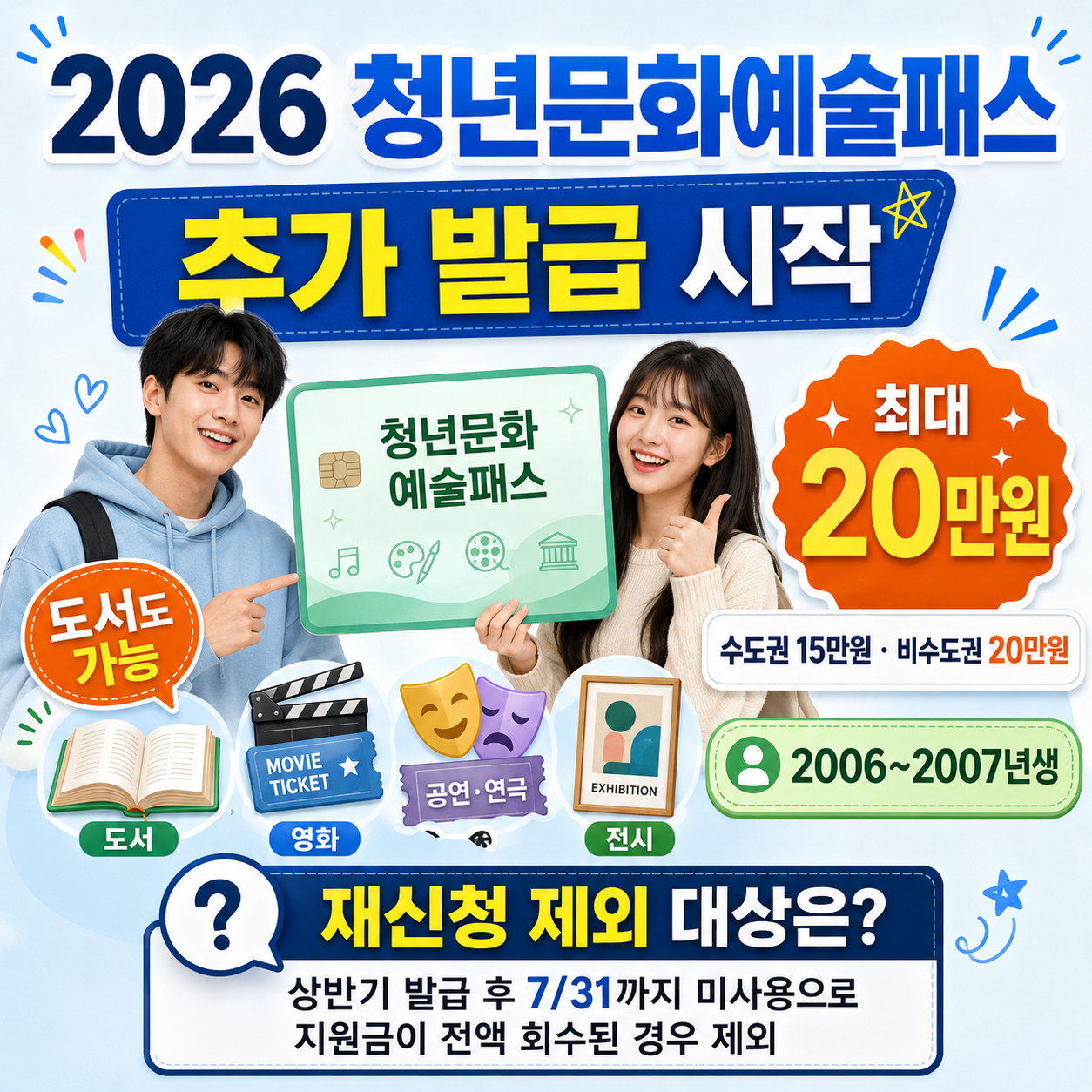 2026 청년문화예술패스 추가 발급 시작|최대 20만원·도서도 가능, 재신청 제외 대상은?