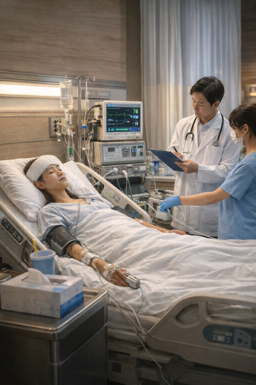 뇌수술 후 중환자실에서 의사 및 간호사의 세심한 케어를 받으며 회복 중인 환자의 모습
