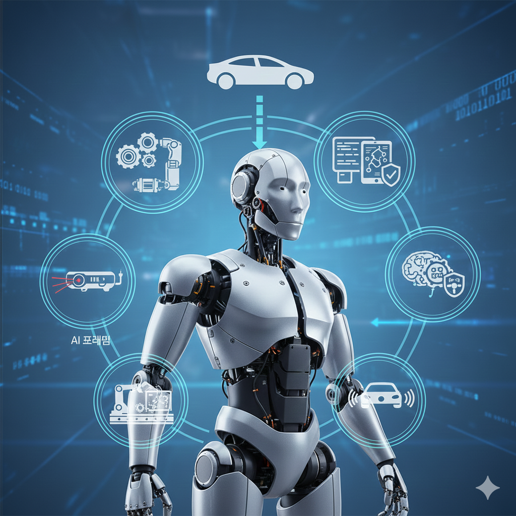 &ldquo;휴머노이드 형태의 2D 디지털 로봇 일러스트, 문구 없이 단일 캐릭터 중심 이미지&rdquo;