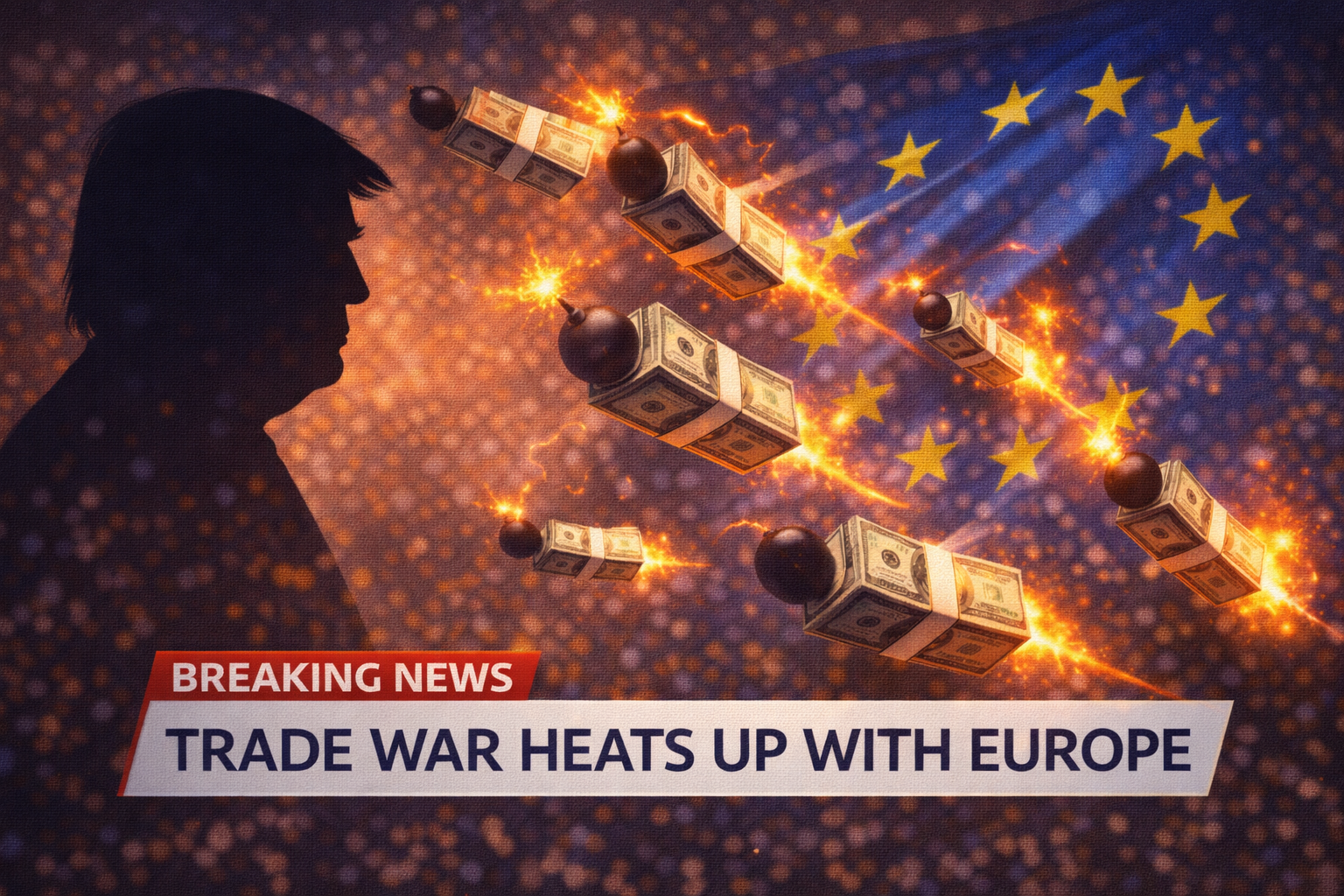 News headline style image of Trump silhouette facing EU flag, with tariff bombs (money bundles + bomb icons) flying between them.
